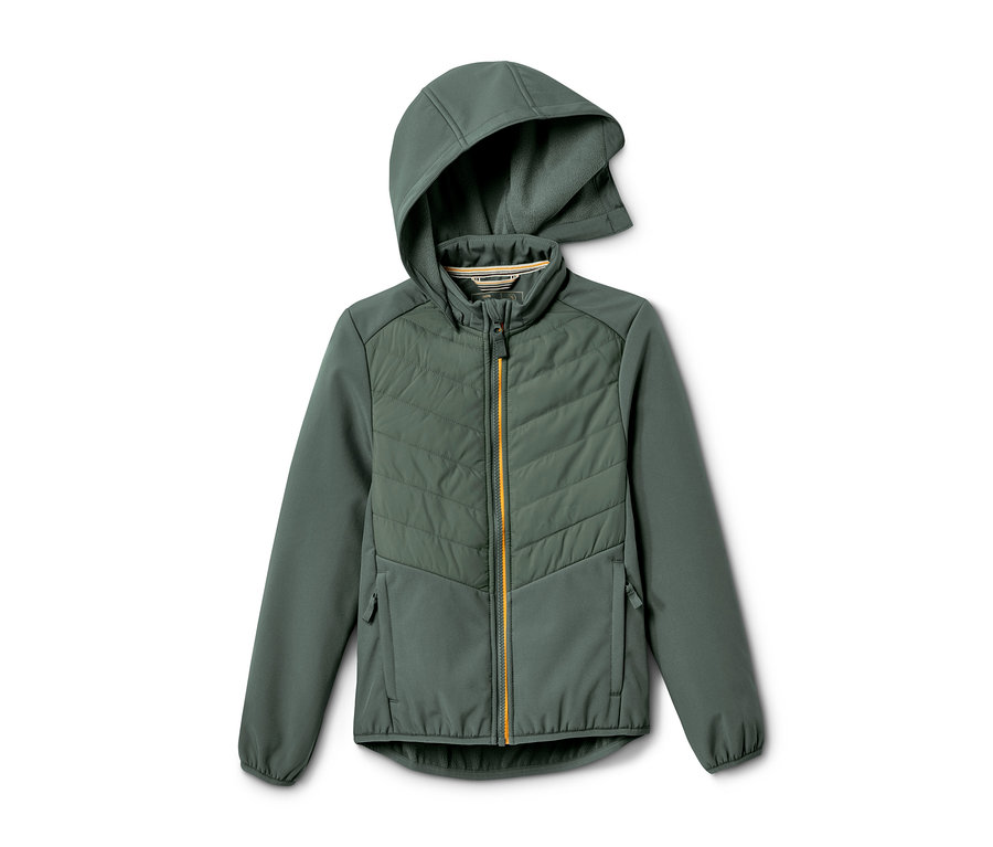 Zelená hybridná bunda s kapucňou a žltým zipsom.