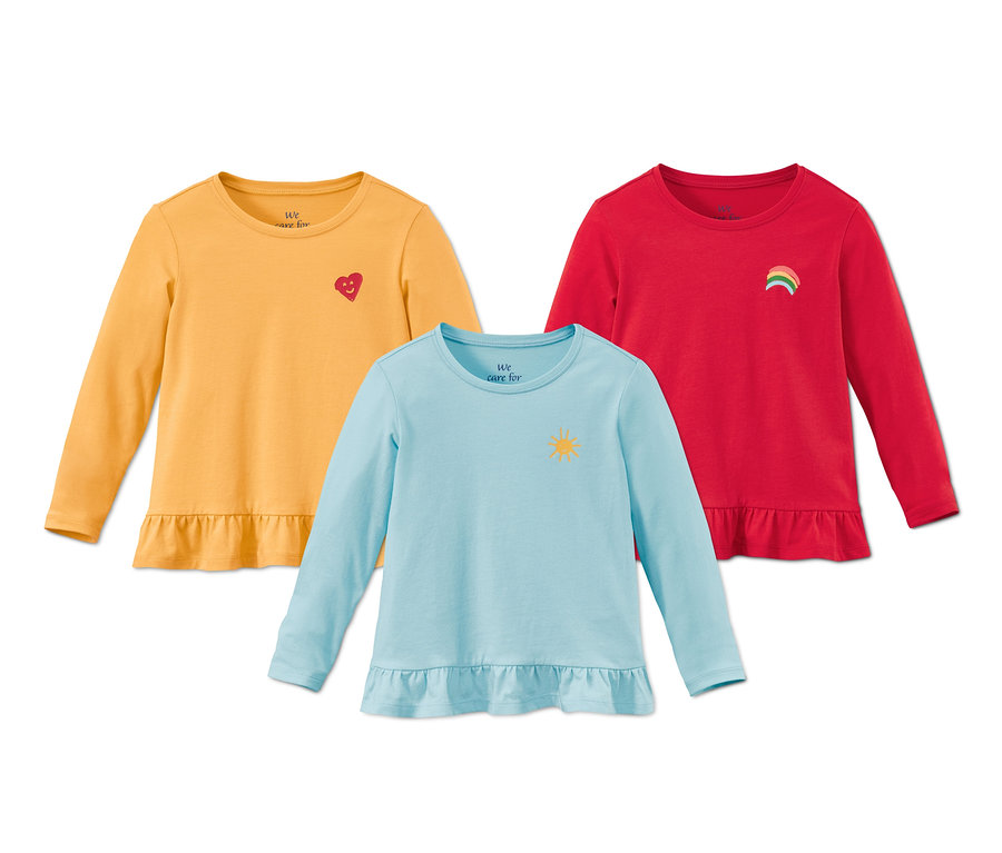 Tričká z biobavlny, 3 ks: žlté so srdcom, modré so slnkom a červené s dúhou.