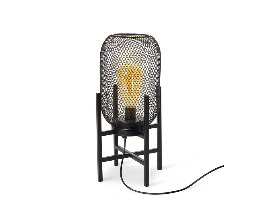 Čierna outdoorová stolová lampa s LED na bielom pozadí.