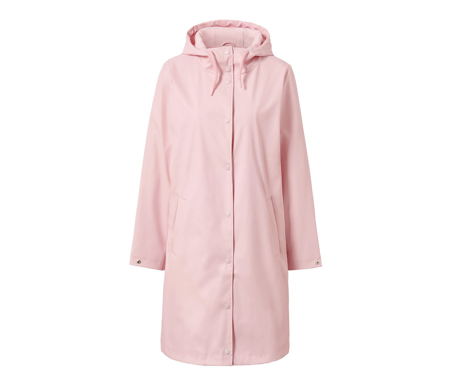 Ružová parka do dažďa s kapucňou a zapínaním na gombíky.