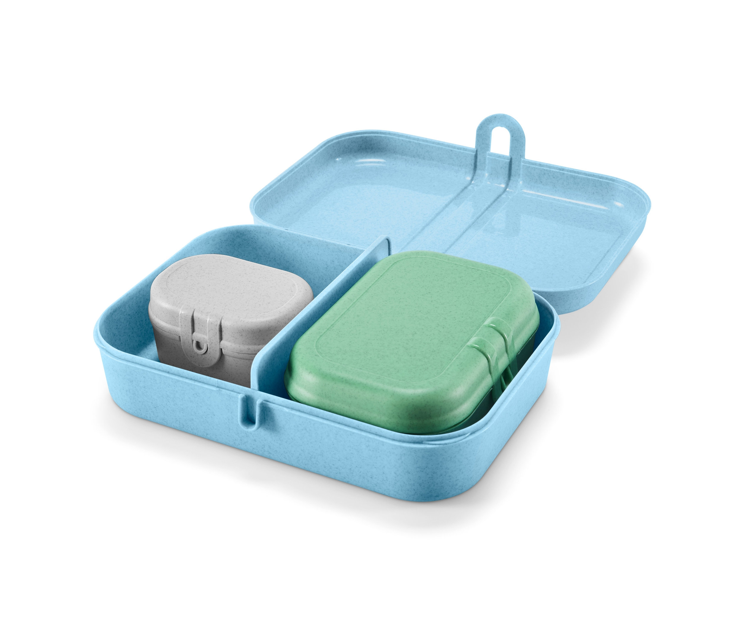 Otvorená modrá dóza na desiatu obsahuje sivú a zelenú cestovnú dózu, 3 ks.