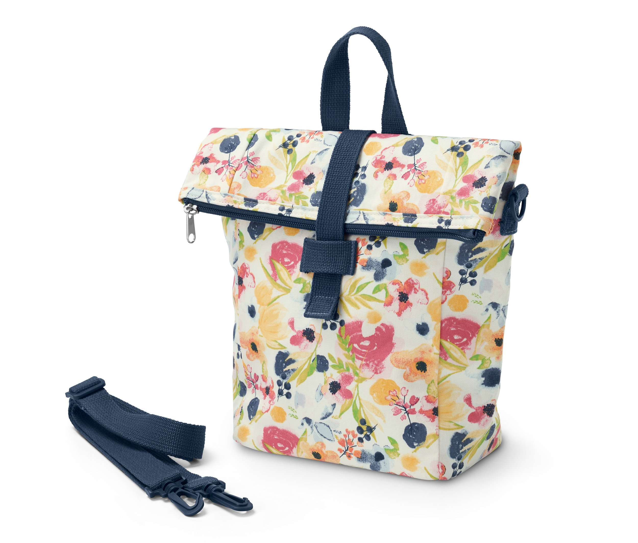 Chladiaca taška na obed s kvetinovým vzorom a modrým popruhom.