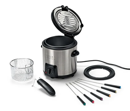 Otvorená mini fritéza a fondue sada so šiestimi vidličkami, košom a čiernym podstavcom.