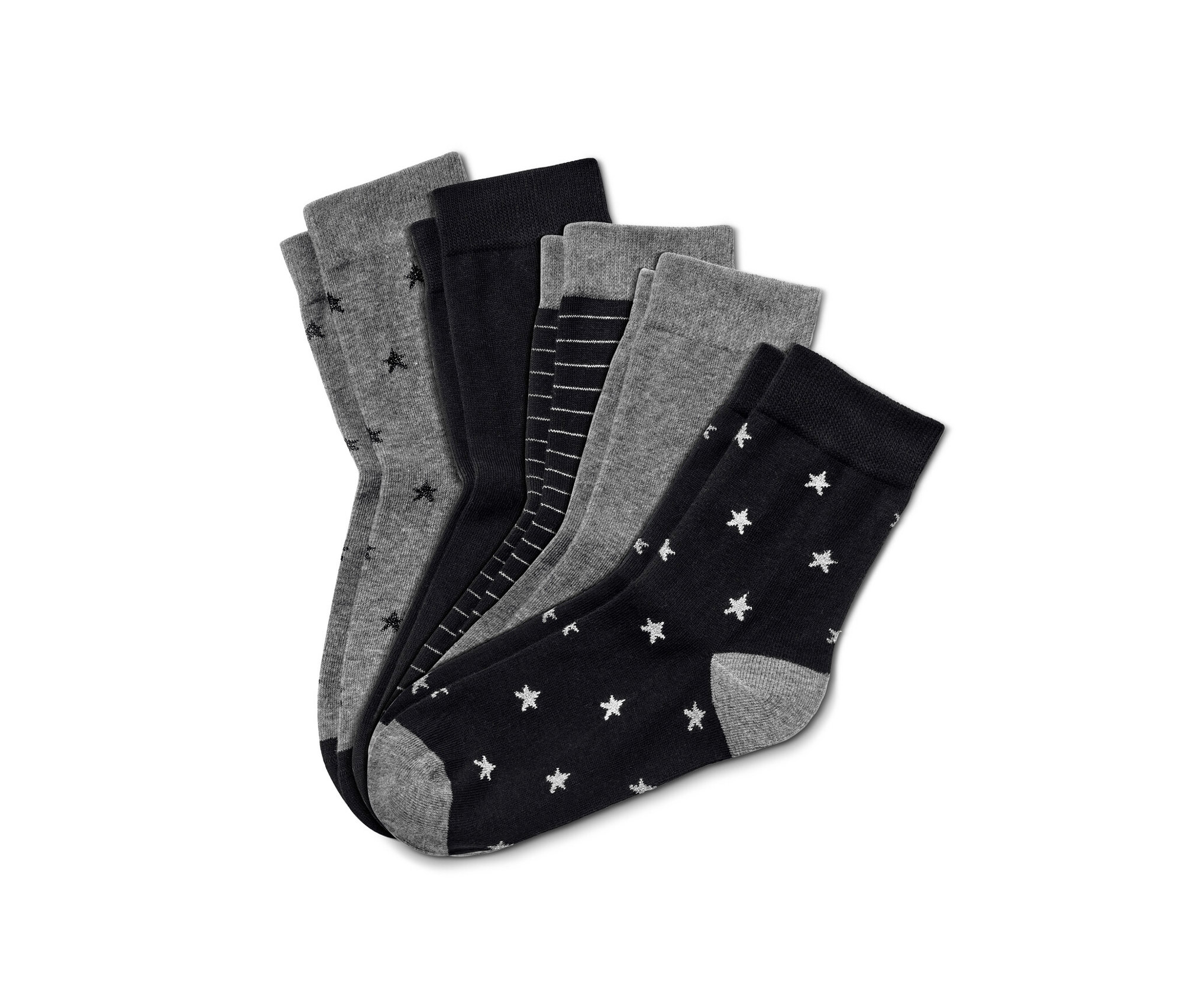 Päť párov ponožiek rôznych farieb a vzorov.