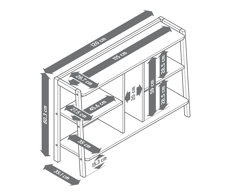 Rozmery odkladacej skrinky sú znázornené pomocou šípok a čísel.