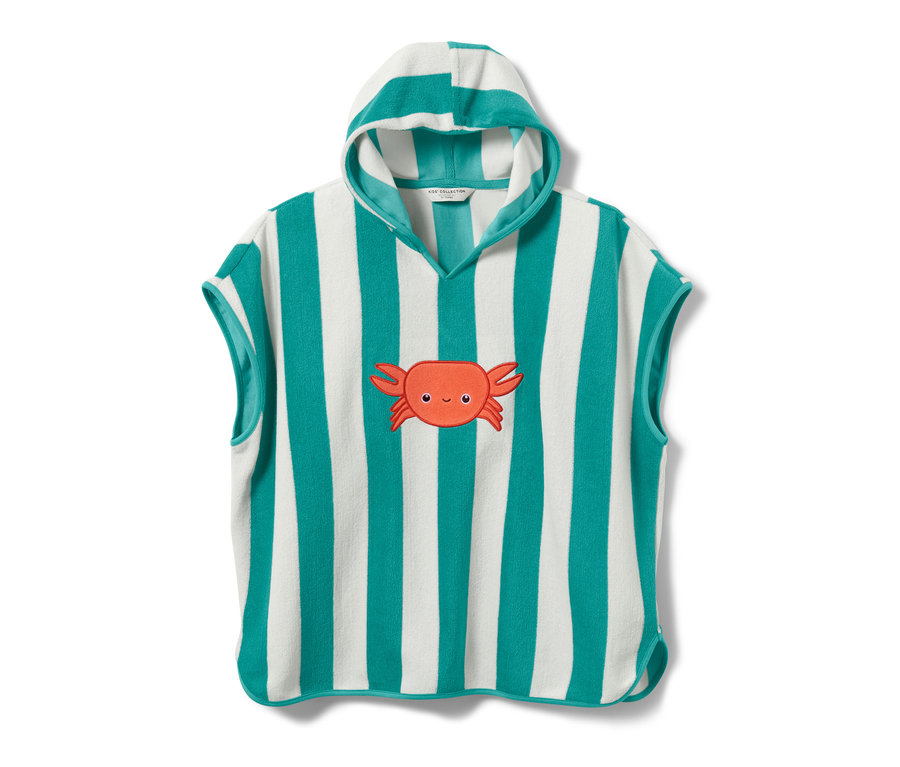 Pruhované froté pončo pre malé deti s kapucňou a aplikáciou kraba.