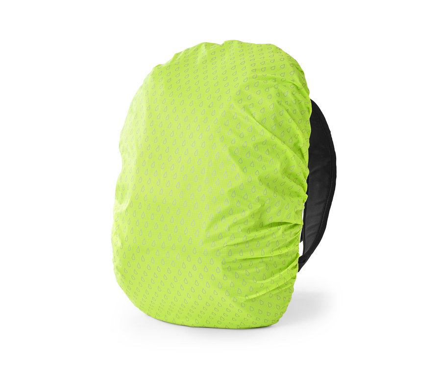 Žltý ruksak s nepremokavým ochranným návlekom s potlačou kvapiek.