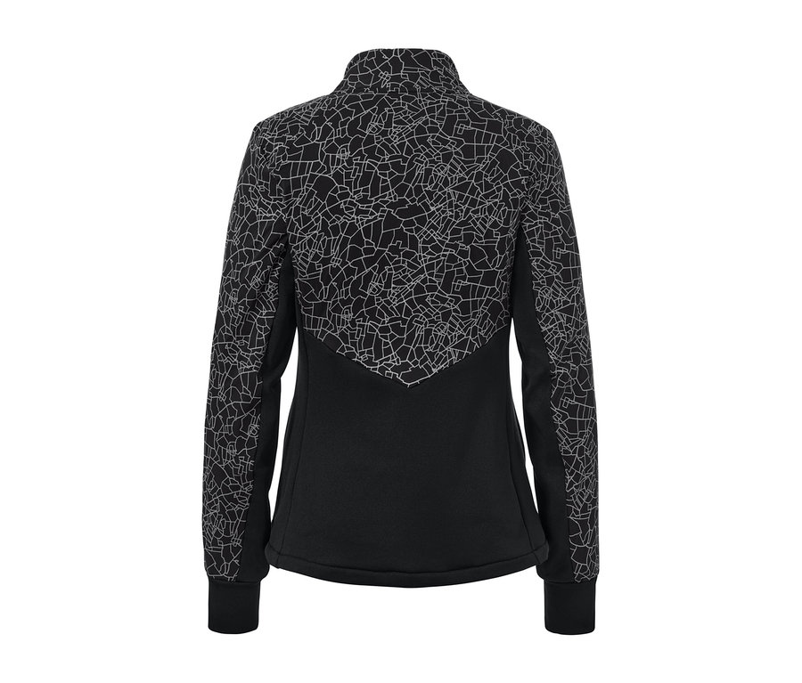Čierna termobunda s bielym geometrickým vzorom.