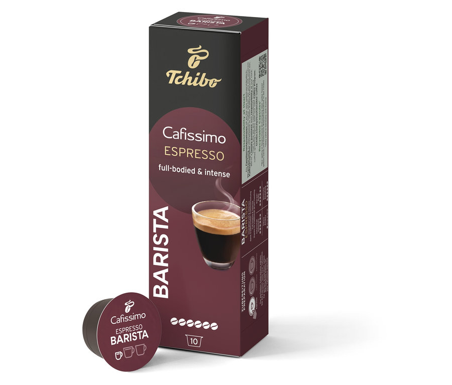 Balenie 10 kapsúl Cafissimo BARISTA Espresso a jedna kapsula vedľa balenia.
