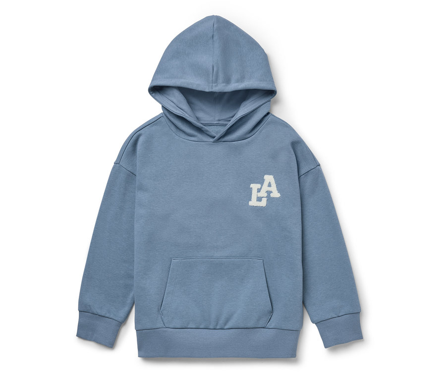 Modrá mikina s kapucňou a bielym logom LA na hrudi.