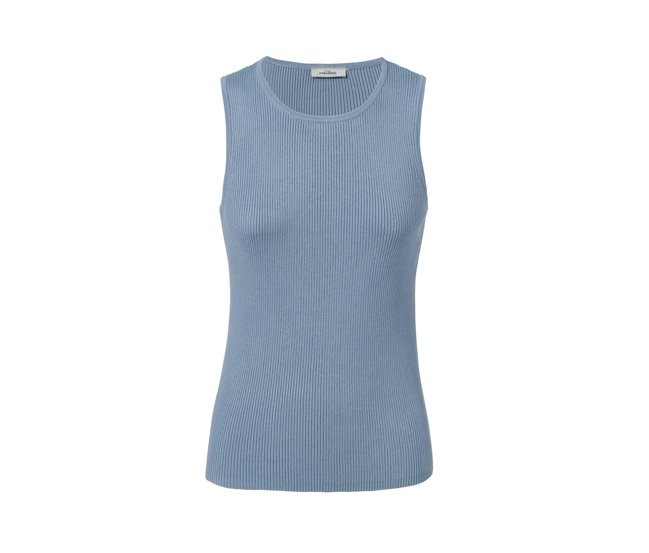 Detailný záber na pletený top dymovomodrej farby.