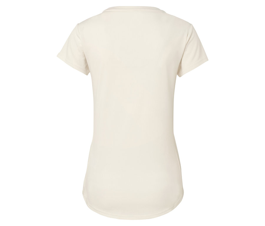 Zadný pohľad na krémové tričko s krátkym rukávom.