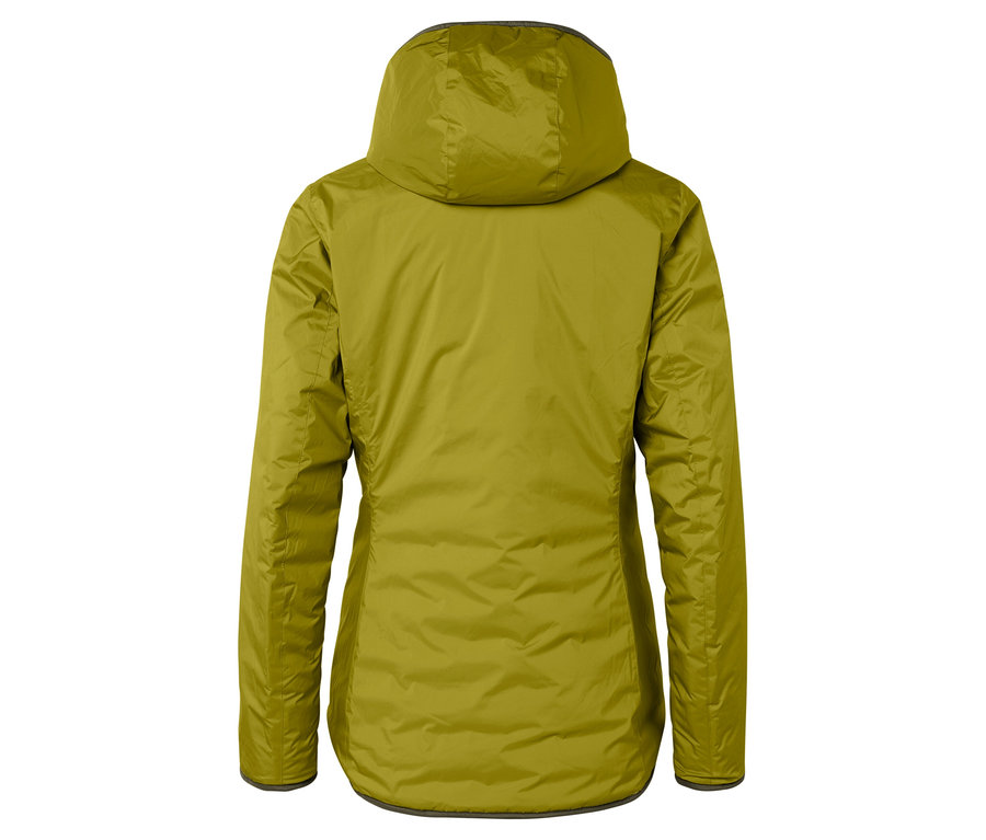 Pohľad zozadu na olivovozelenú bundu s kapucňou.