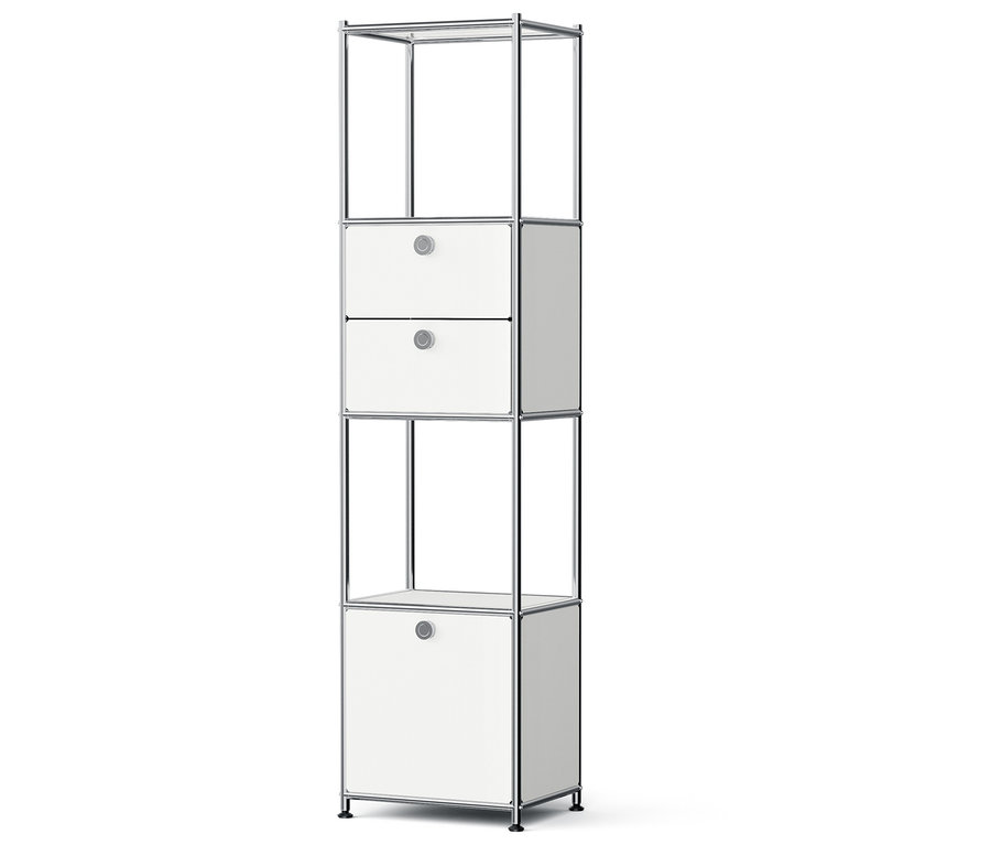 Biely úložný regál s dvoma zásuvkami a otvorenou policou.