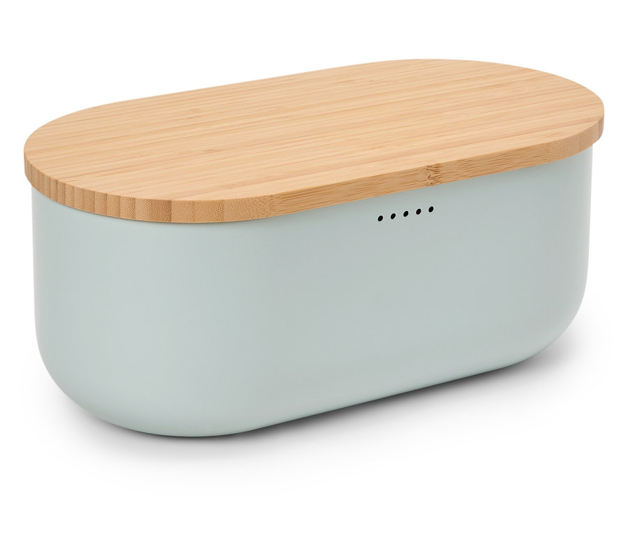 Modrá nádoba na chlieb s dreveným vekom.