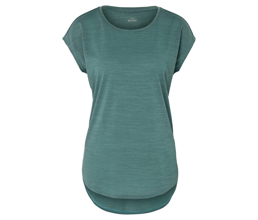 Tyrkysové športové tričko s krátkymi rukávmi a zaobleným lemom.