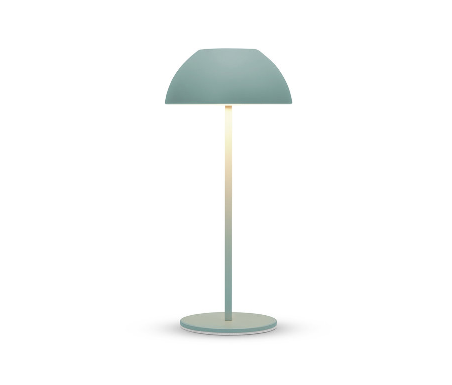 Svetlomodrá lampa so zaobleným tienidlom na bielom pozadí.