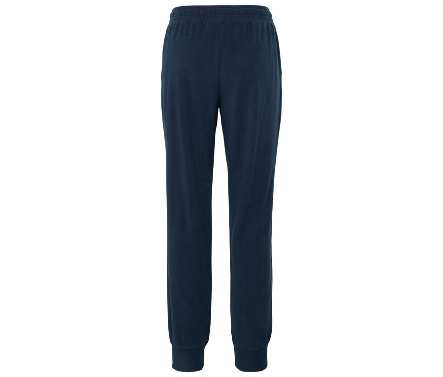 Tmavo modré tepláky s elastickým pásom a manžetami.