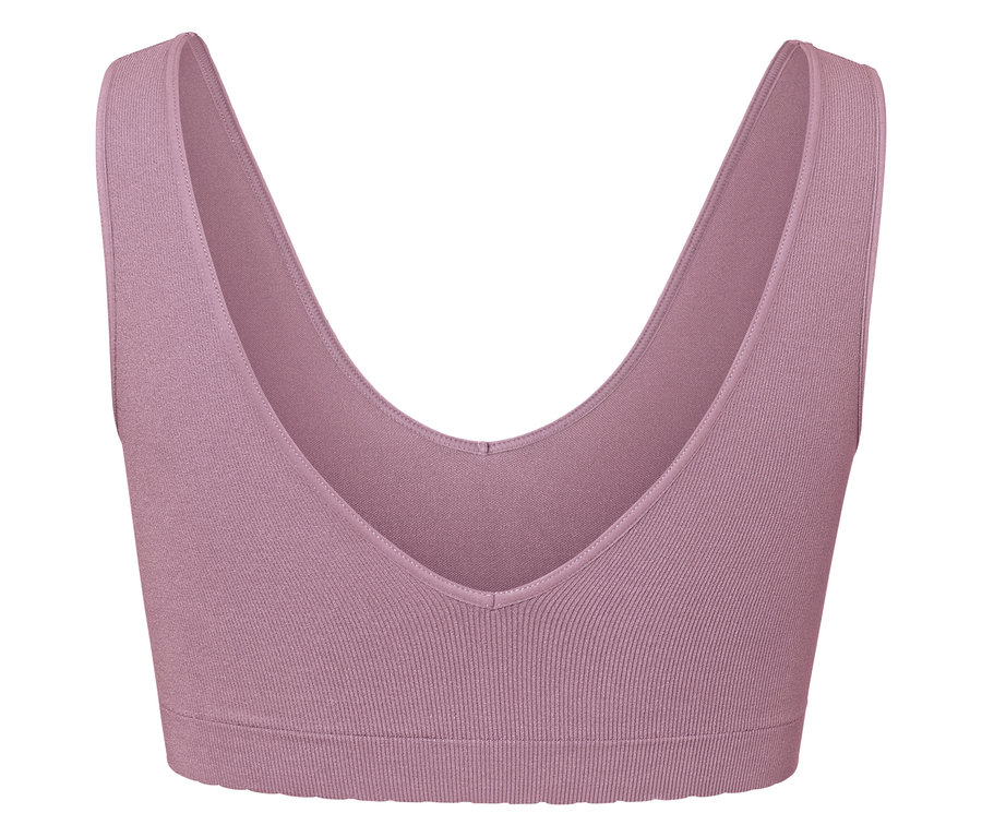 Detail fialovej športovej podprsenky s výstrihom do V.