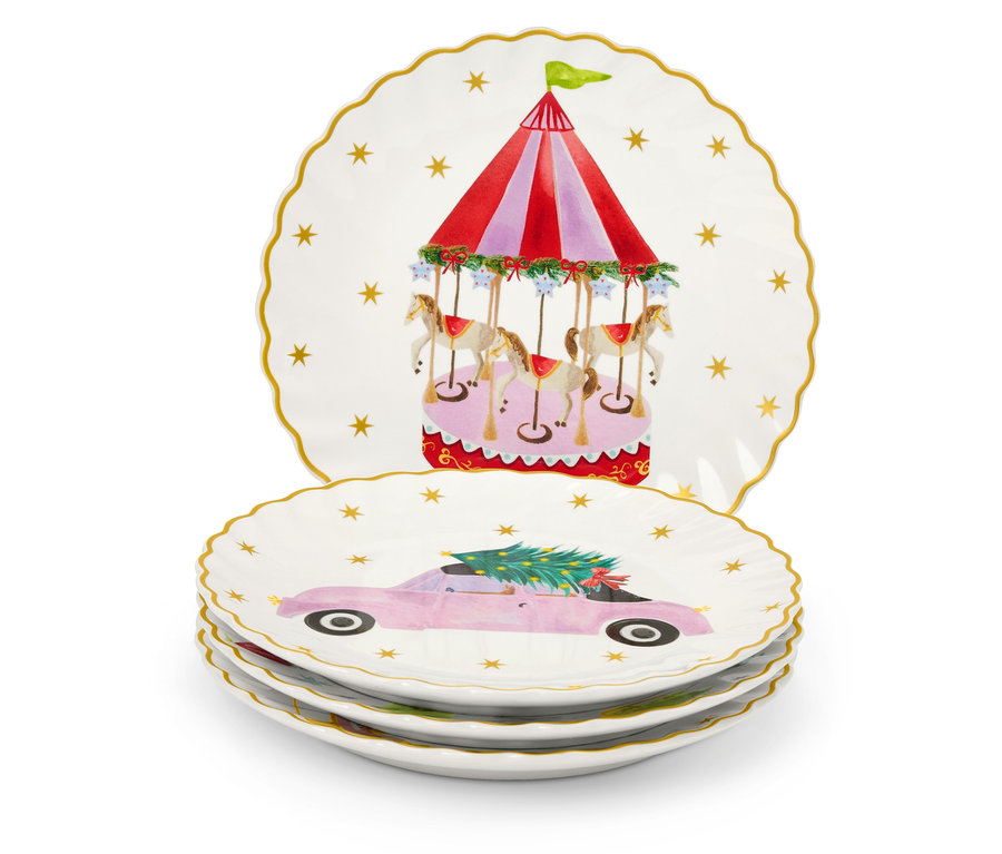 Súprava tanierov s vianočnými motívmi: kolotoč a ružové auto s vianočným stromčekom.