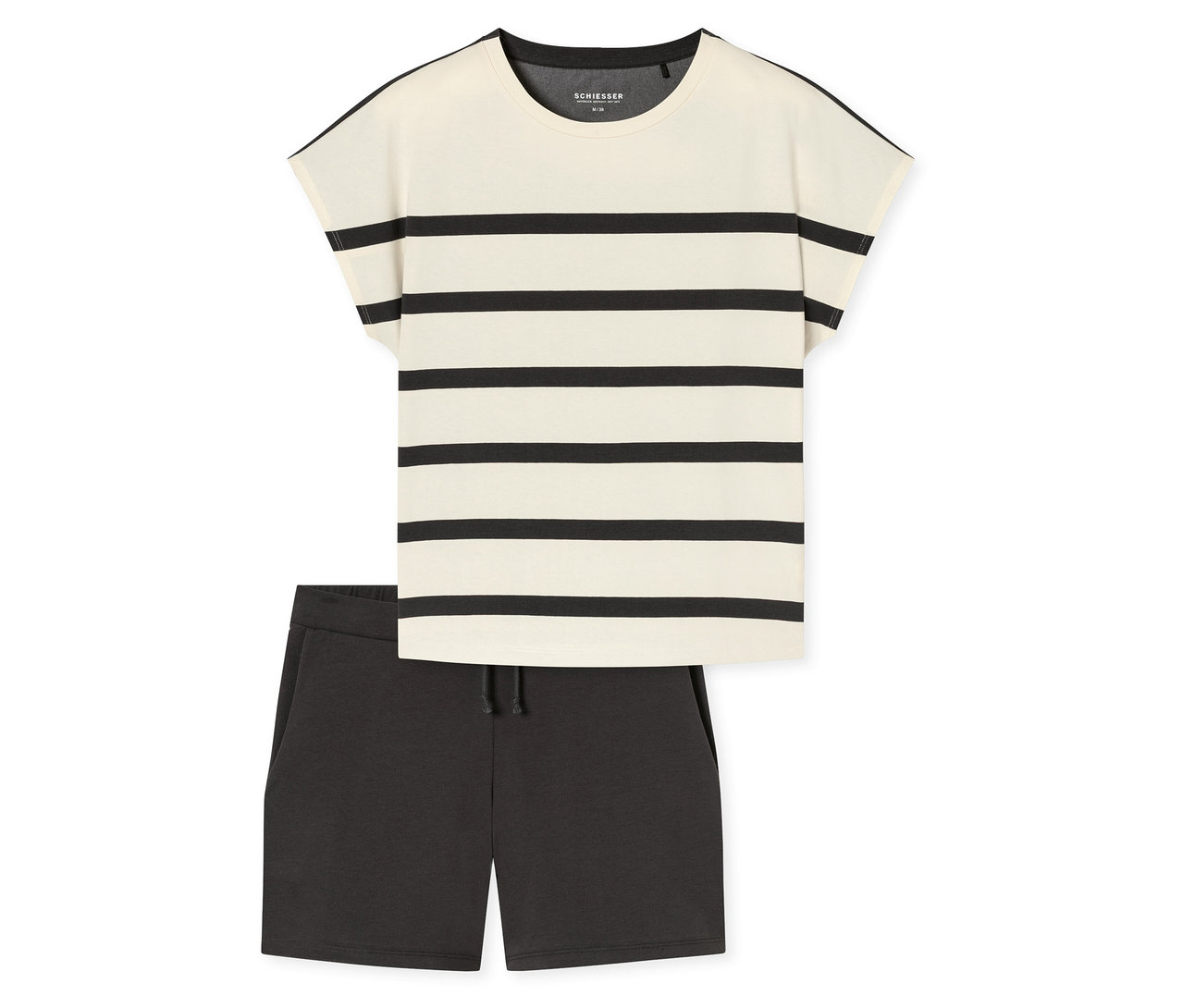 Krátke pyžamo SCHIESSER, pozostávajúce z krémového trička s čiernymi vodorovnými pruhmi a tmavosivých šortiek so sťahovacou šnúrkou, položené naplocho.