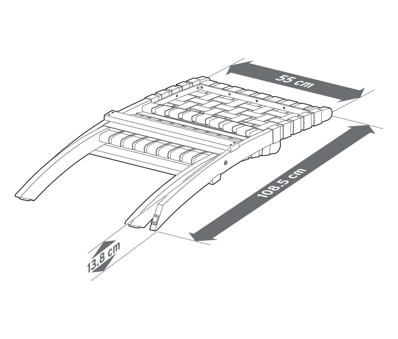Pohľad zhora na náčrt ležadla s rozmermi 55 cm, 108,5 cm a 13,8 cm.