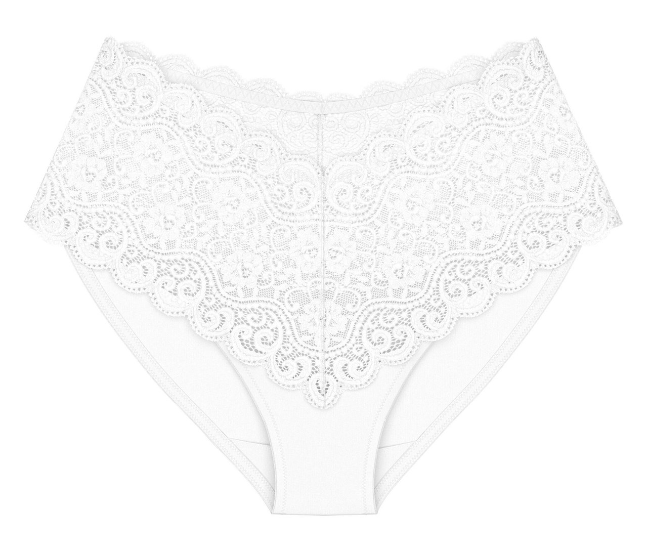 Biele nohavičky Triumph Amourette Maxi so širokou, kvetinovou čipkou.