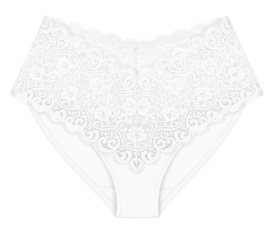 Biele nohavičky Triumph Amourette Maxi so širokou, kvetinovou čipkou.