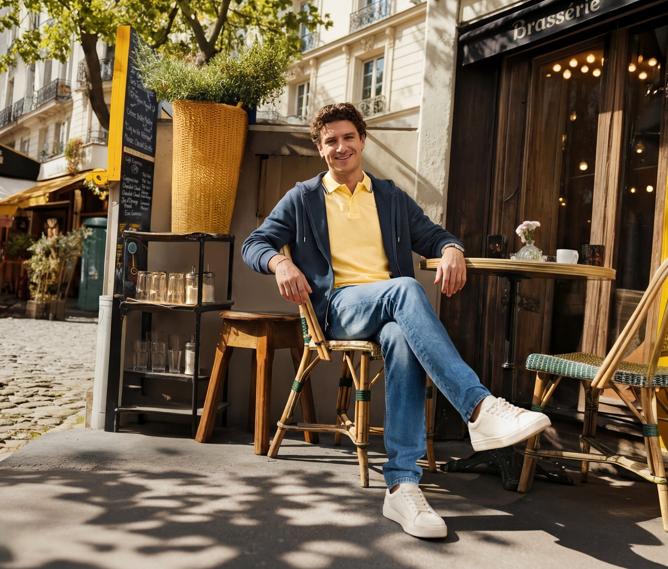 Muž sedí pred kaviarňou a má na sebe džínsy, žlté polokošele z piqué a tmavomodrú bundu s kapucňou.