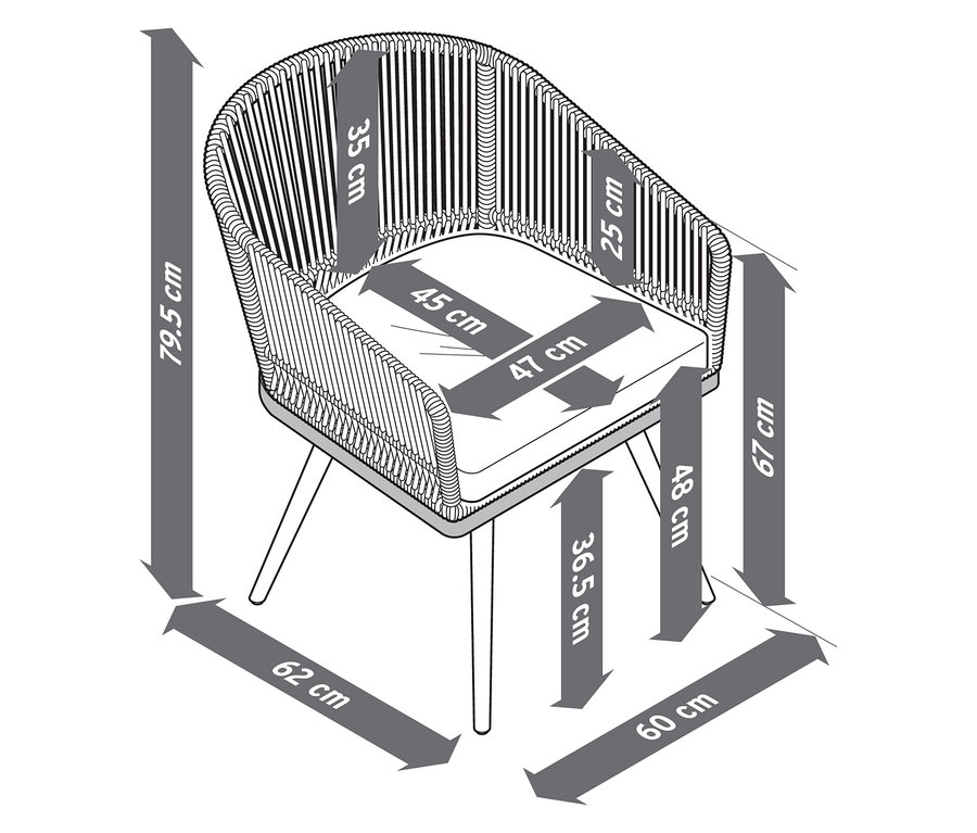 Ilustrácia otočnej záhradnej stoličky s textilným výpletom a rozmermi.