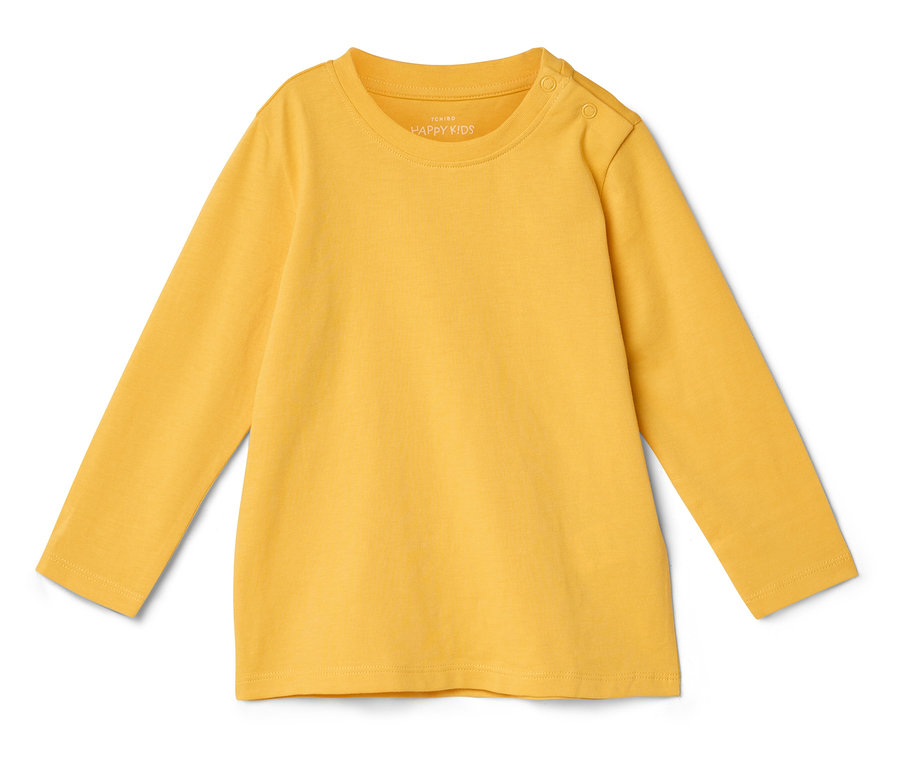 Žlté tričko s dlhým rukávom pre deti leží na bielom pozadí.