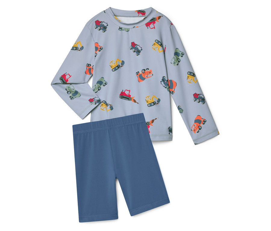 Svetlomodrý top s dlhým rukávom s potlačou bagra a k tomu ladiace krátke modré legíny.