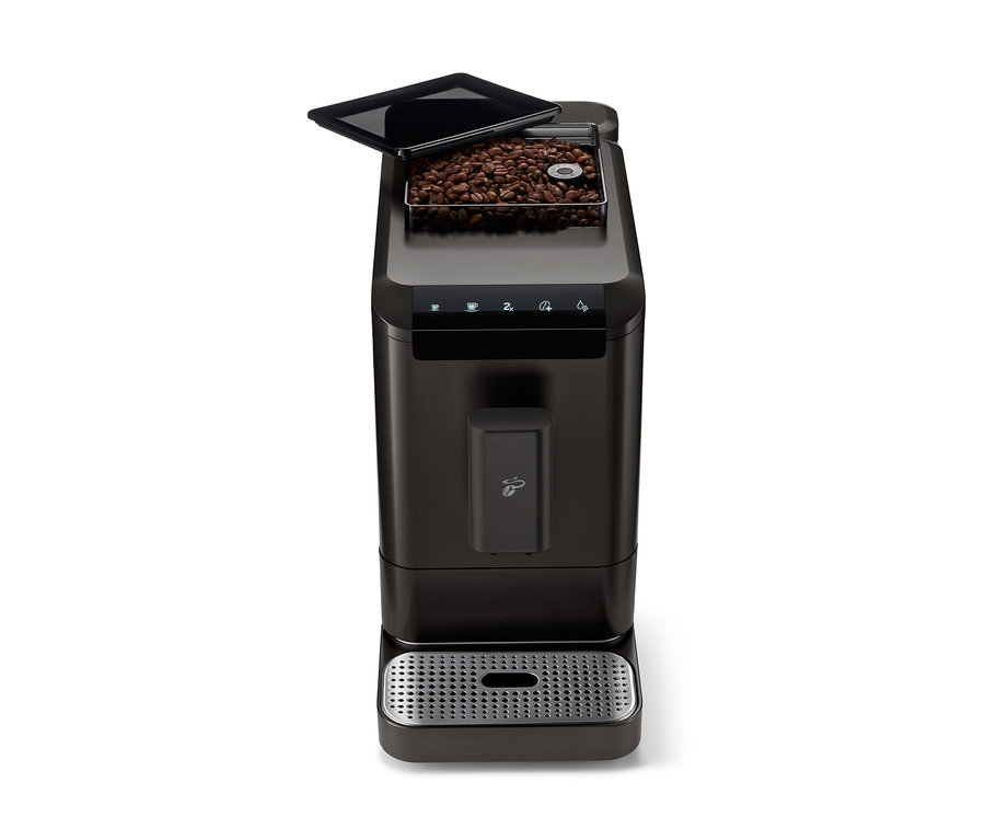 Čelný pohľad na plne automatický kávovar »Esperto2 Caffè« vo farbe Granite Black s otvoreným zásobníkom na kávové zrná.