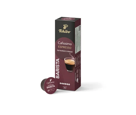 Balenie 10 kapsúl Cafissimo BARISTA Espresso a jedna kapsula vedľa balenia.