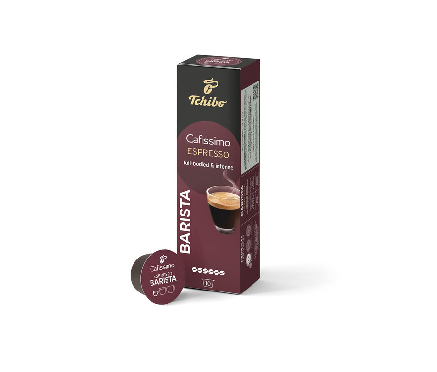 Balenie 10 kapsúl Cafissimo BARISTA Espresso a jedna kapsula vedľa balenia.