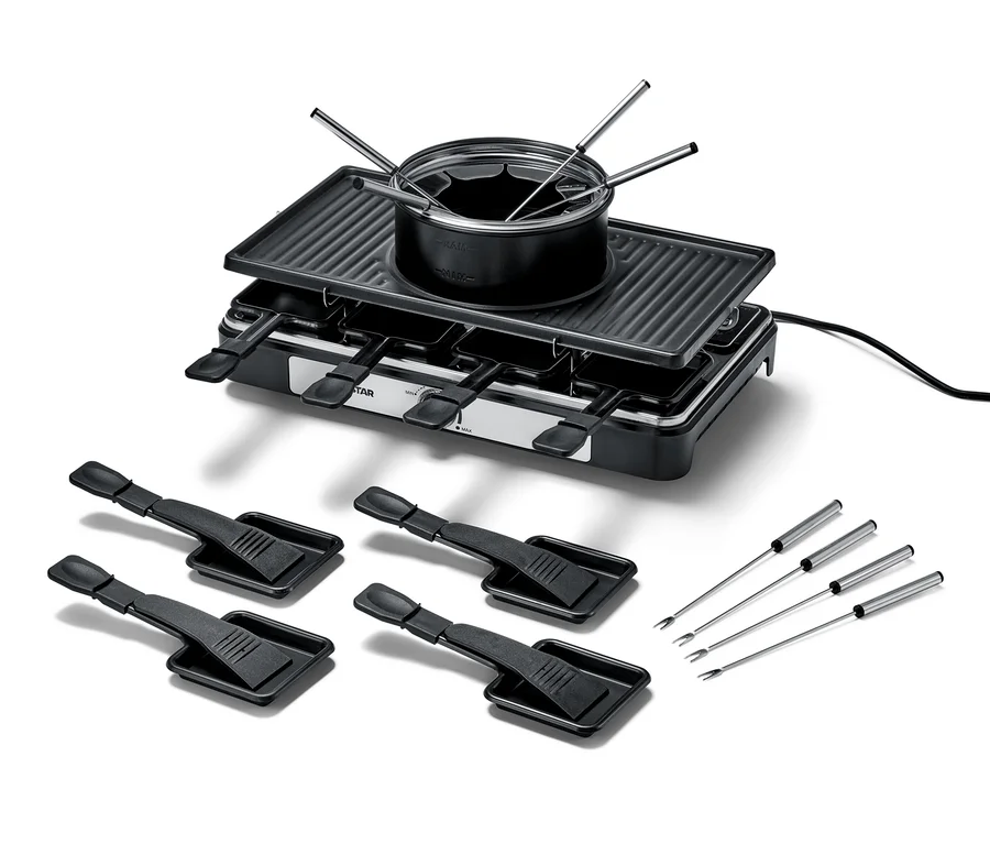 Čierny 2 v 1 raclette a fondue gril so štyrmi špachtľami a štyrmi fondue vidličkami.