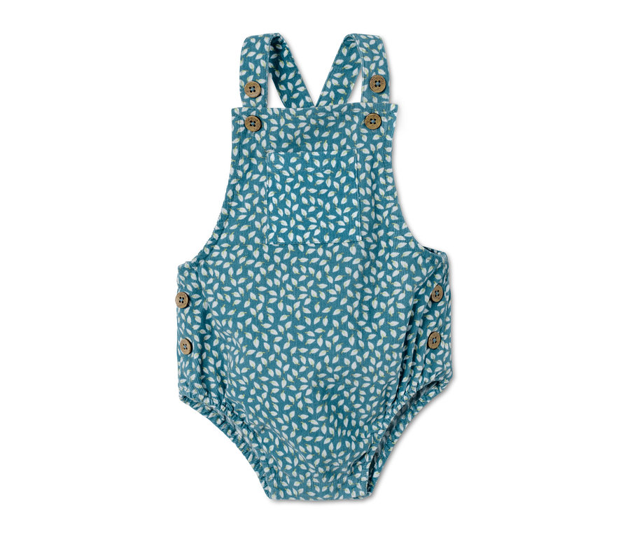 Modré menčestrové dupačky s bielou potlačou listov a hnedými gombíkmi.