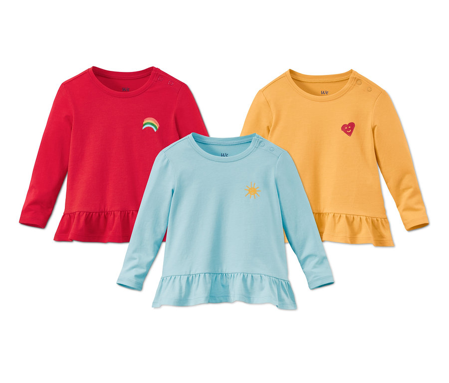 Tričká z biobavlny, 3 ks: červené s dúhou, žlté so srdcom a svetlomodré so slnkom.