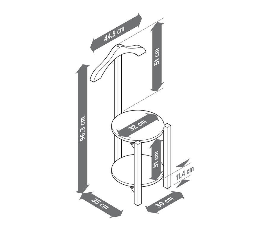 Ilustrácia nemého sluhu s uvedenými rozmermi.