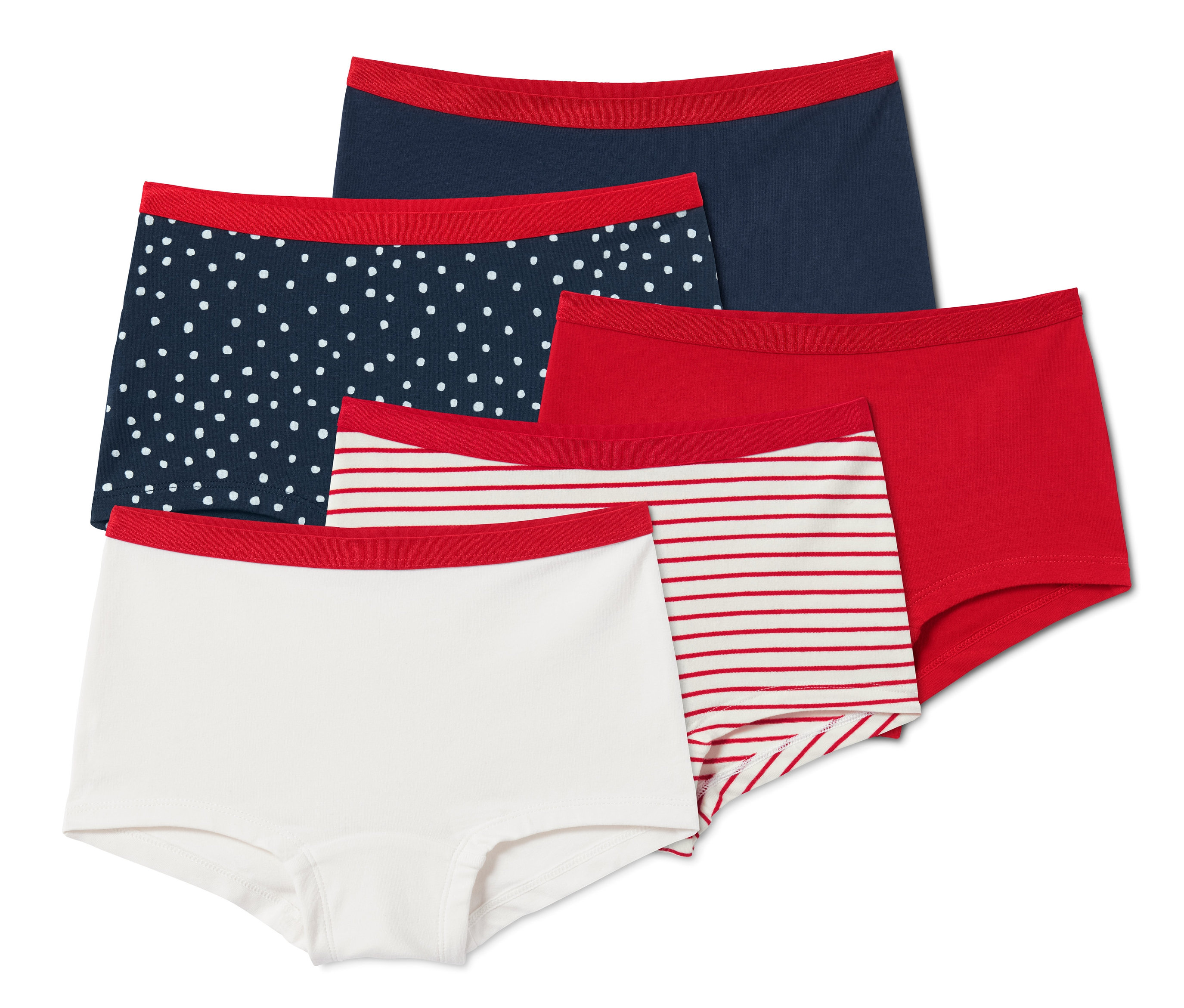 Päť párov nohavičiek s biobavlnou rôznych farieb a vzorov.