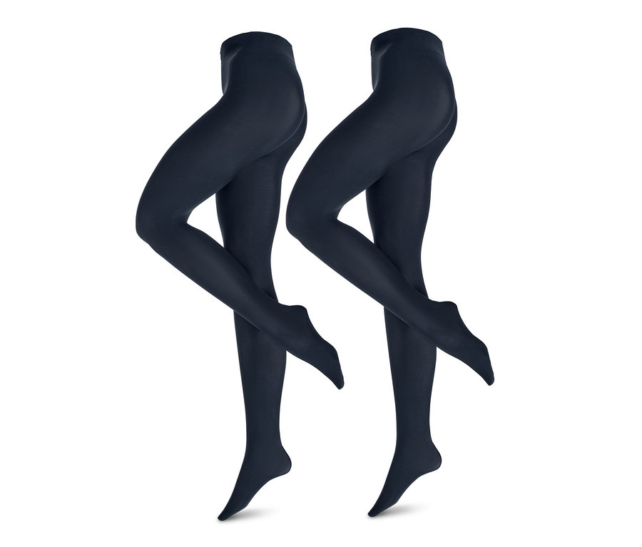 Dvoje nepriehľadné, tmavomodré pančuchové nohavice.