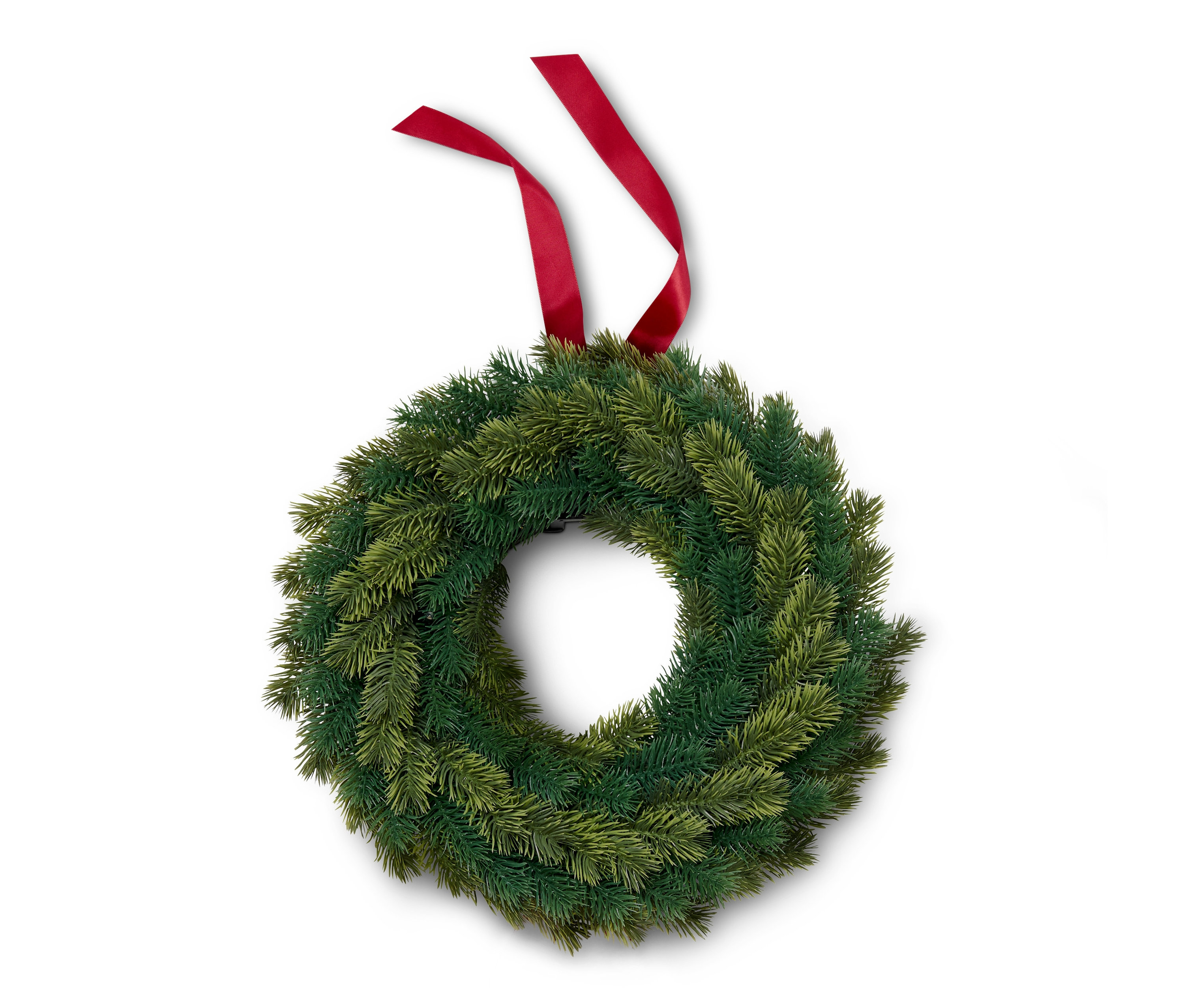 Zelený dekoračný veniec s LED diódami, malý, zavesený na červenej stuhe.