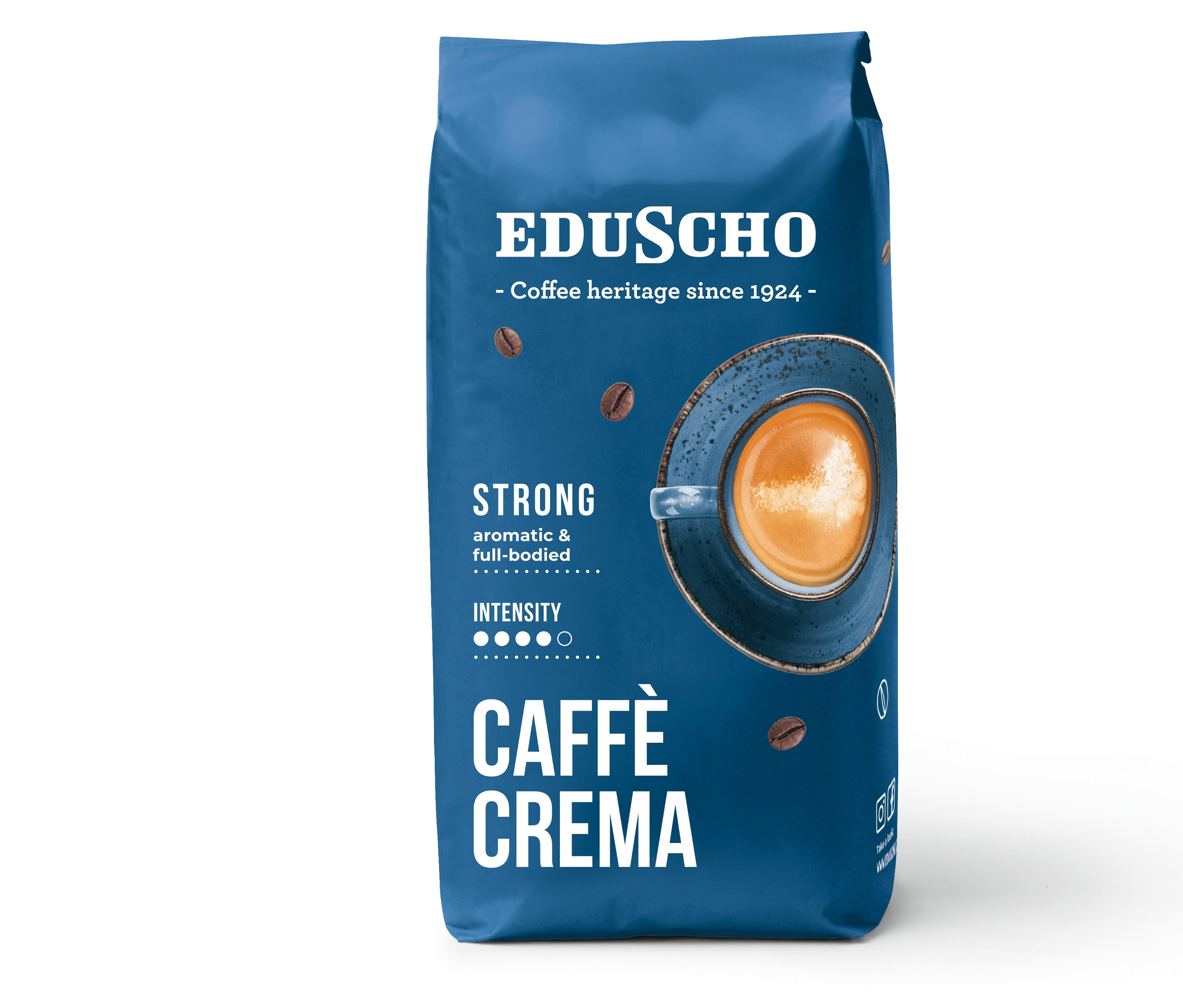 Modré balenie zrnkovej kávy EDU Crema Strong 1000g.