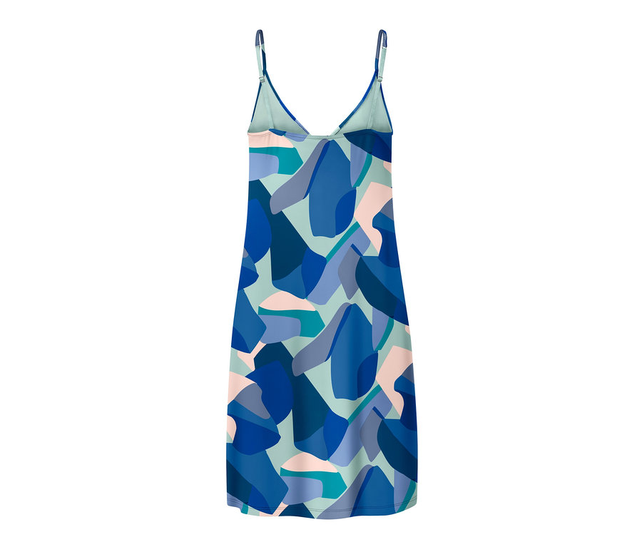 Modrá nočná košeľa na ramienka s abstraktnou potlačou.