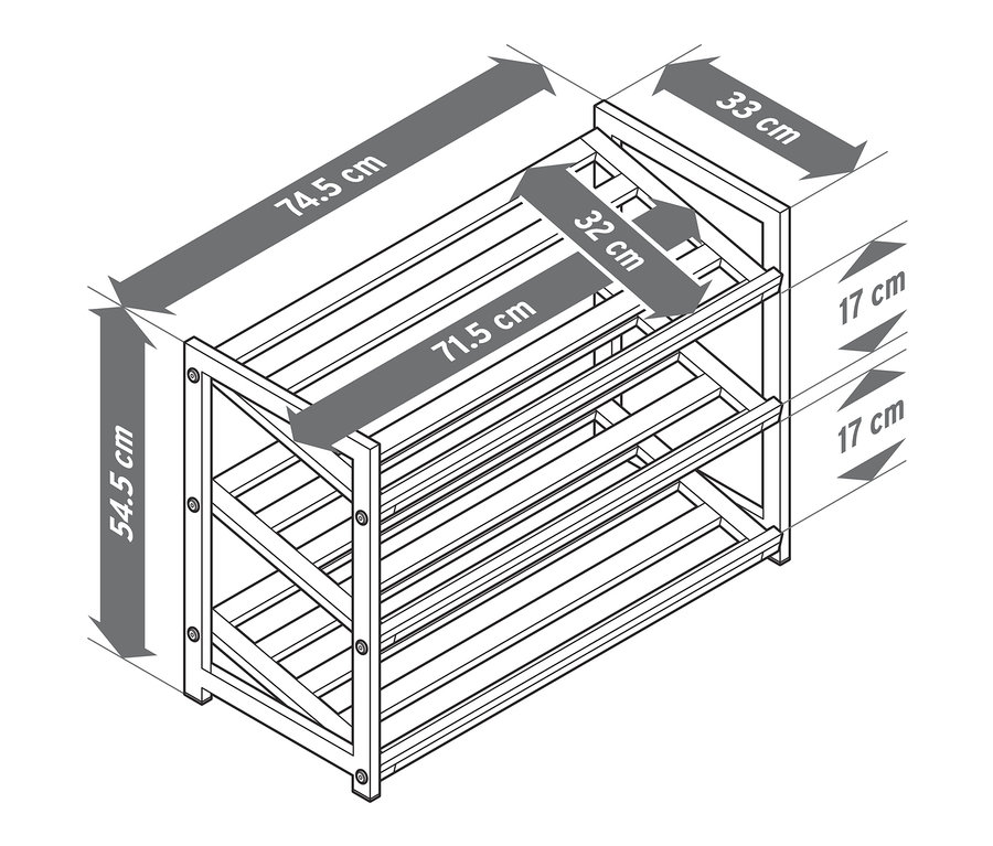 Ilustrácia regálu na topánky s 3 poschodiami a rozmermi.