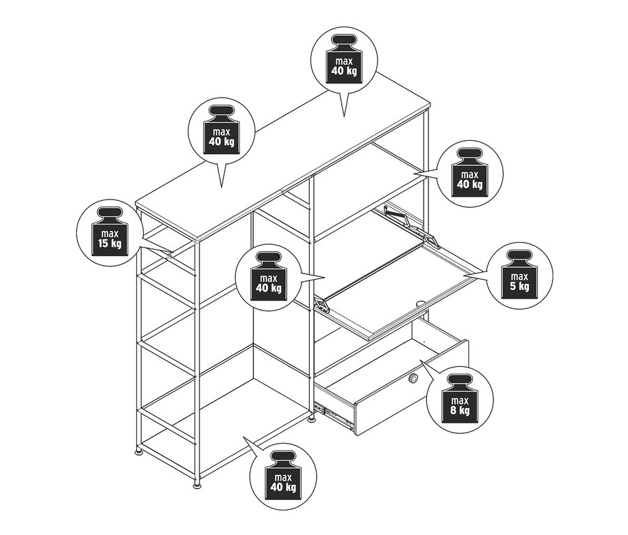 Nákres bielej kovovej komody »CN3« s drevenou doskou, 1 tyčou na oblečenie, 1 priehradkou a 3 zásuvkami.
