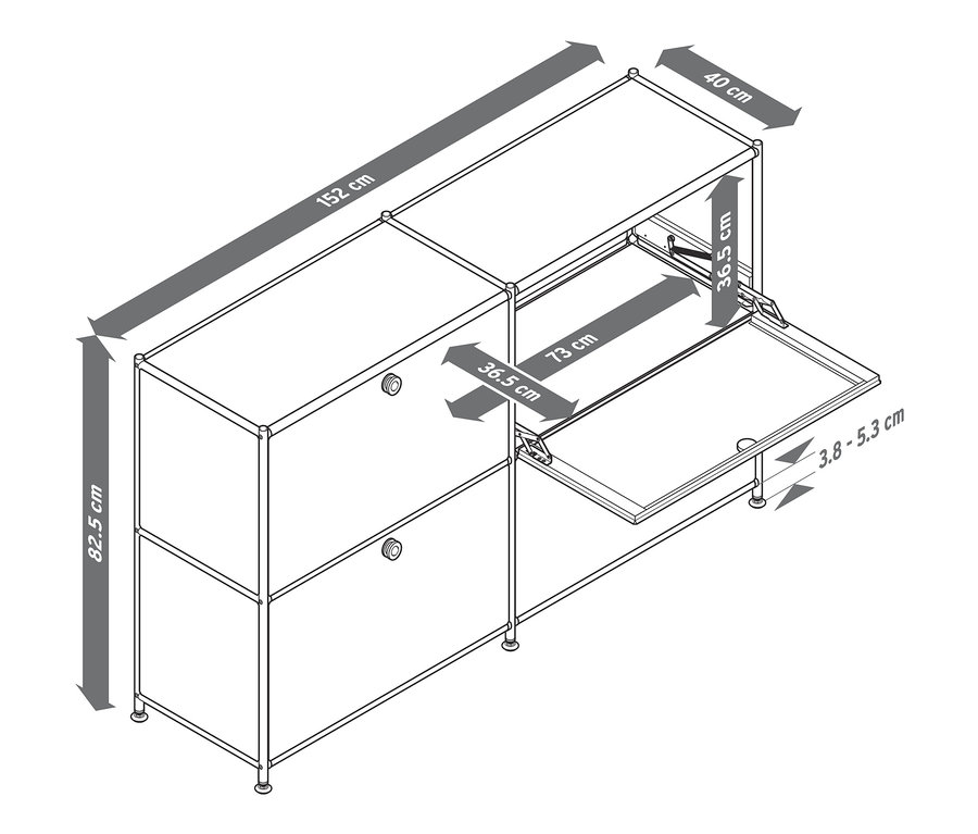 Nákres kovovej odkladacej skrinky »CN3« so 4 výklopnými priečinkami a uvedenými rozmermi.