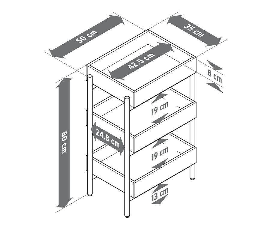 Náčrt stojanového regálu s 3 priehradkami zobrazuje rozmery.