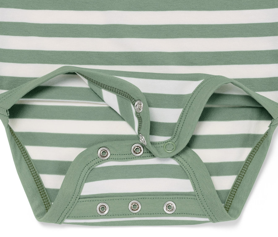 Detail body pre bábätká s možnosťou prispôsobenia veľkosti, 2 ks, so zelenými a bielymi pruhmi a patentkami.