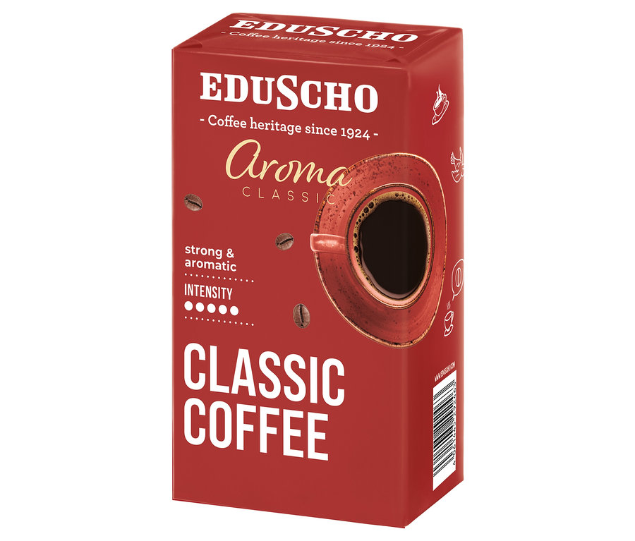Červené balenie mletej kávy Eduscho Aroma Classic 500 g.
